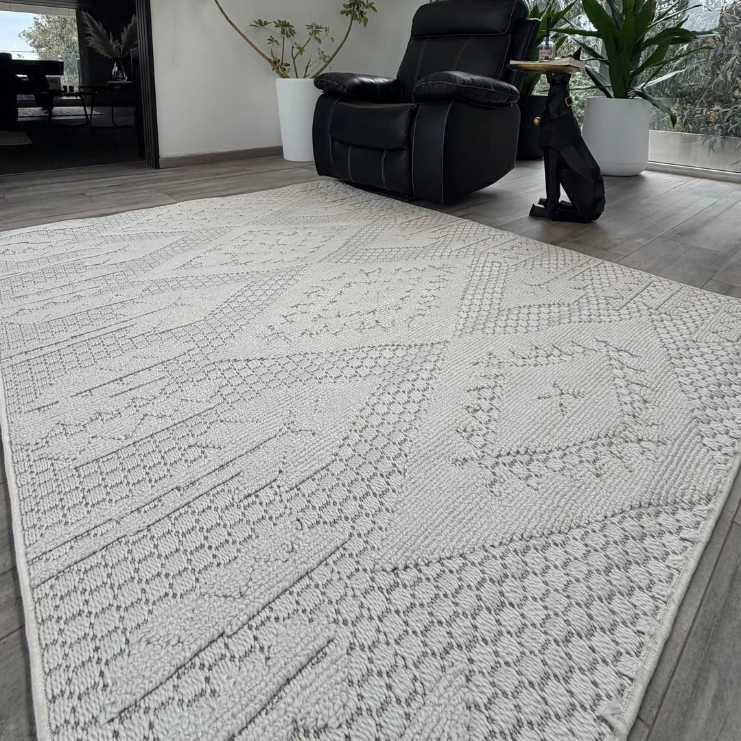 Alfombra Ankara Bélgica Doral en living, diseño bereber tono sobre tono en crema