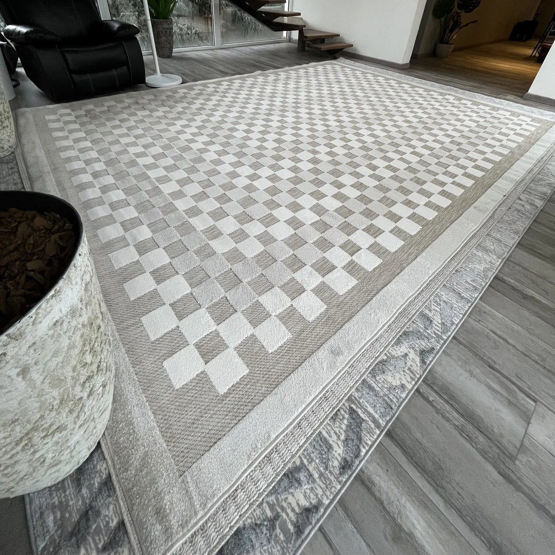 Alfombra Ankara Polonia Doral, damero de cuadrados en blanco y gris