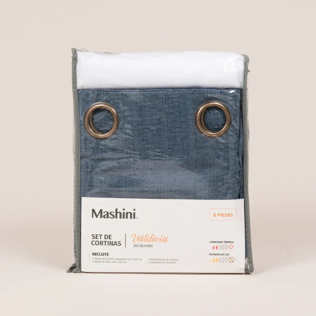 Set de cortinas Valdivia Mashini en azul grisáceo, 8 piezas con visillo