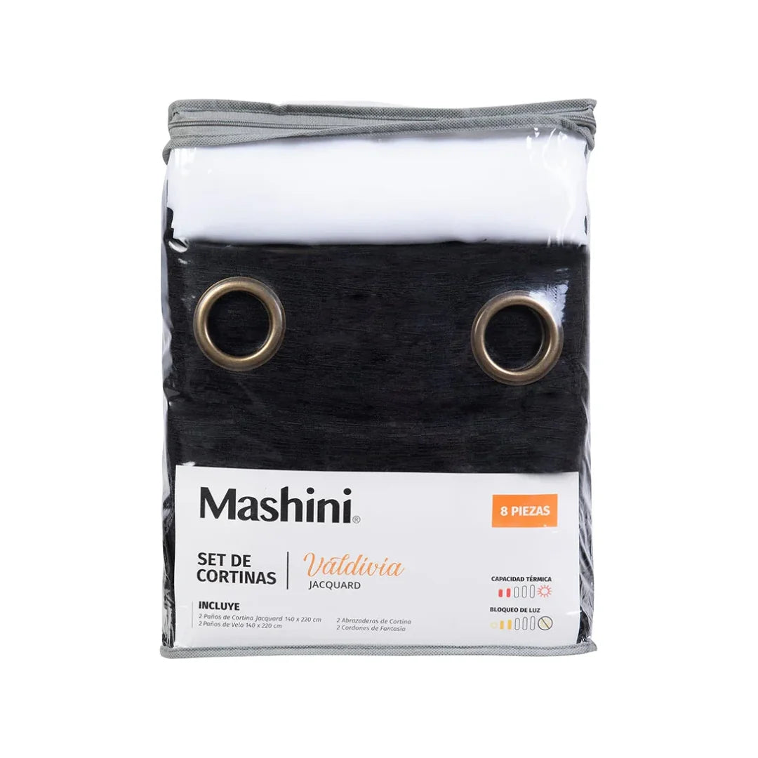 Set de cortinas Valdivia Mashini en negro pleno, 8 piezas con visillo