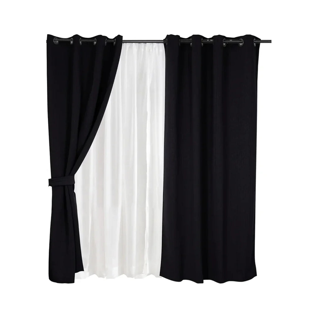Set de cortinas Valdivia Mashini en negro pleno, 8 piezas con visillo