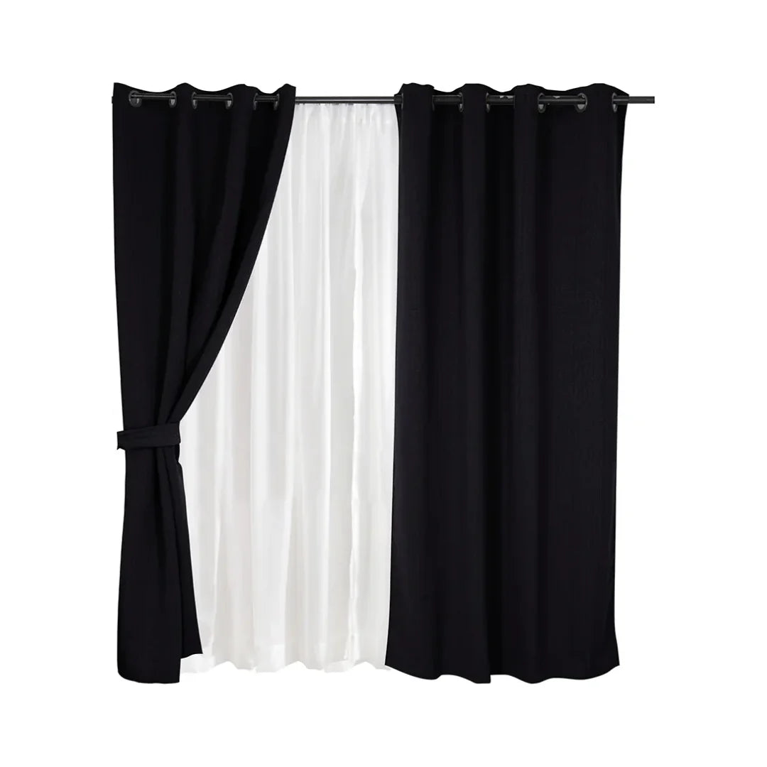 Set de cortinas Valdivia Mashini en negro pleno, 8 piezas con visillo