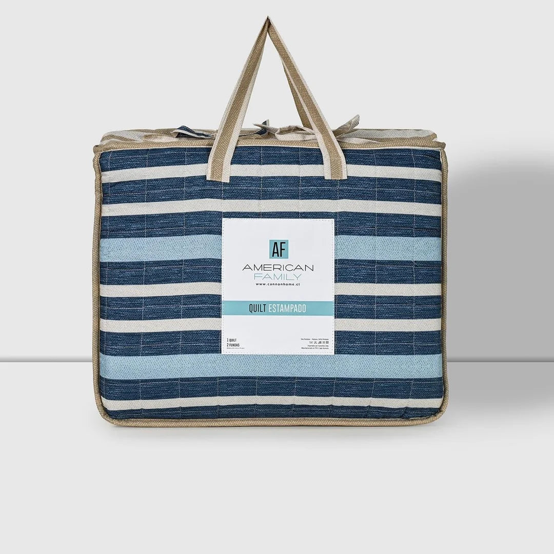 Quilt Estampado Azul Marino American Family en su bolsa con asas