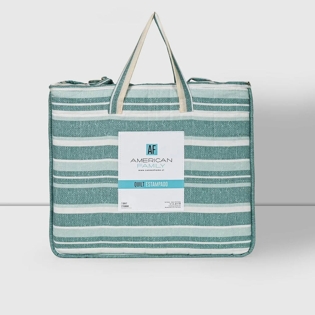 Quilt Estampado Verde Agua American Family en su bolsa con asas