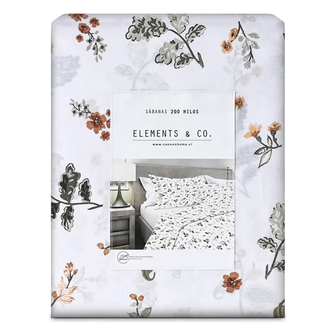 Sábana Bird Elements & Co. sobre cama, floral otoñal en terracota y verde salvia