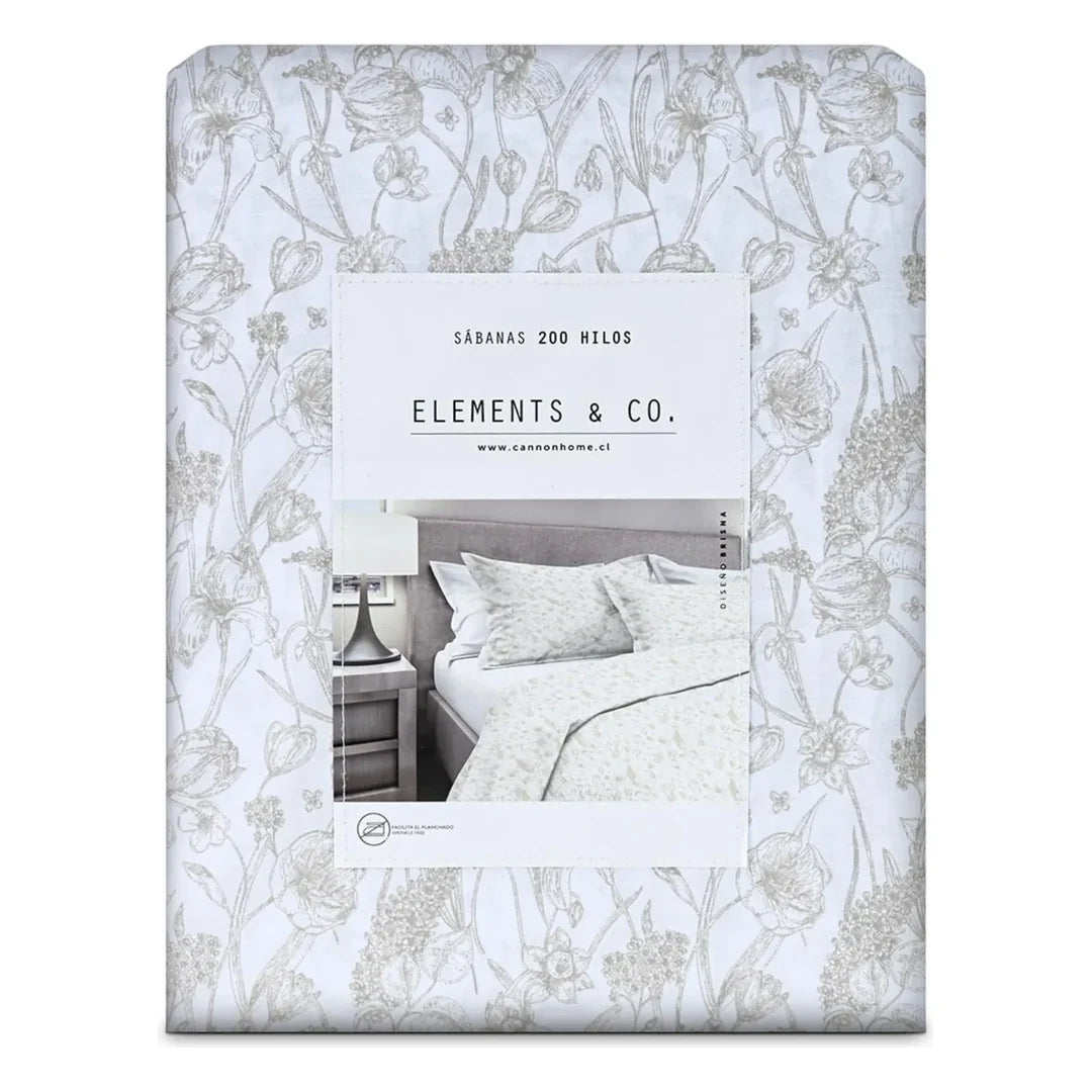 Sábana Brisna Elements & Co. sobre cama, botánico beige a lápiz sobre blanco