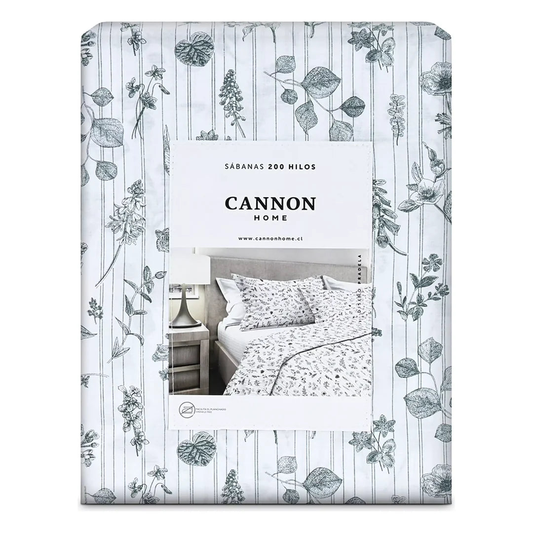 Sábana Pradela Cannon sobre cama, botánico gris a lápiz con rayas verticales