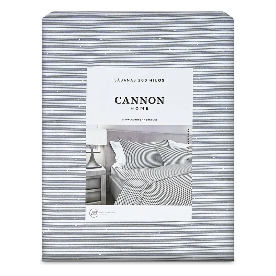 Sábana Vintura Cannon sobre cama, rayas finas grises con puntitos blancos