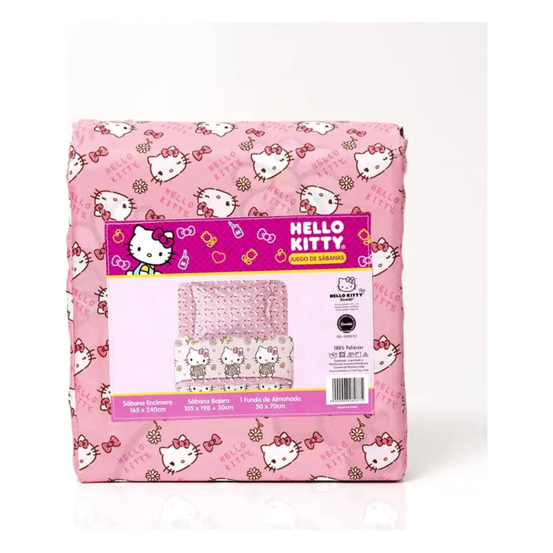 Juego de sábanas infantil Hello Kitty 1.5 plazas, fondo rosado
