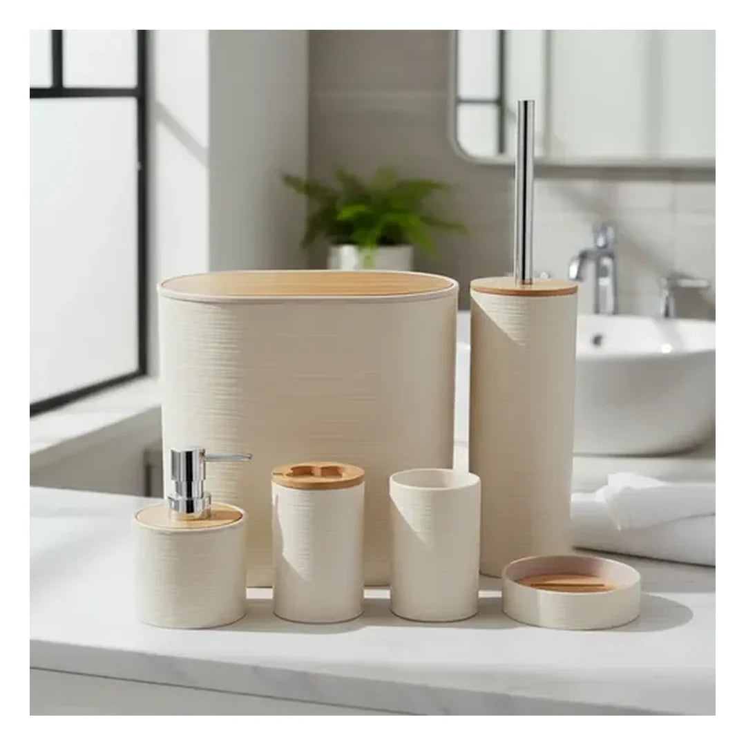 Set de Baño 6 Piezas Onnas en beige: basurero, escobilla, dispensador, portacepillos, vaso y jabonera