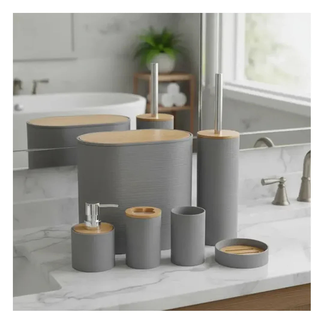 Set de Baño 6 Piezas Onnas en gris: basurero, escobilla, dispensador, portacepillos, vaso y jabonera