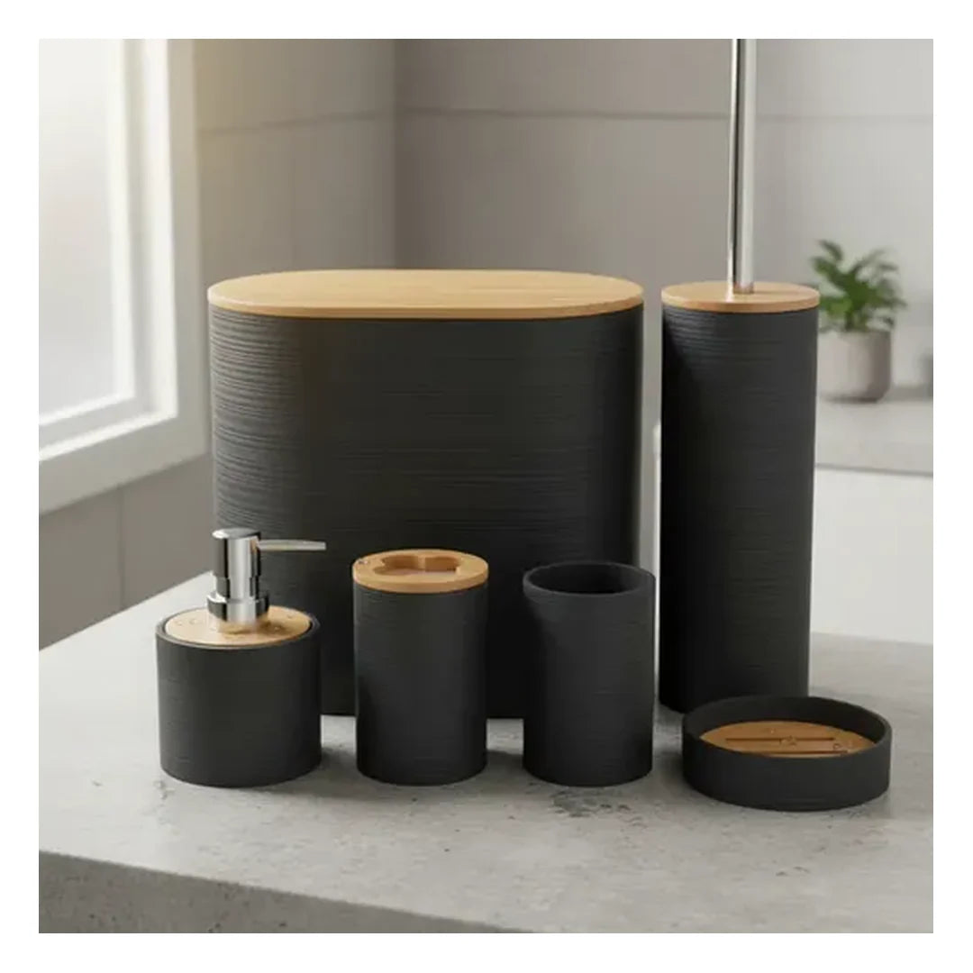 Set de Baño 6 Piezas Onnas en negro: basurero, escobilla, dispensador, portacepillos, vaso y jabonera