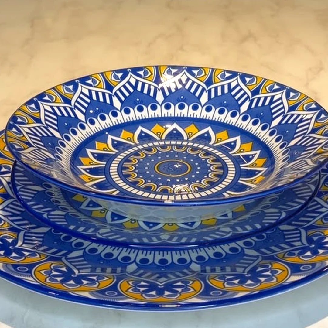 Set de loza 12 piezas Doral diseño mandala azul, platos apilados