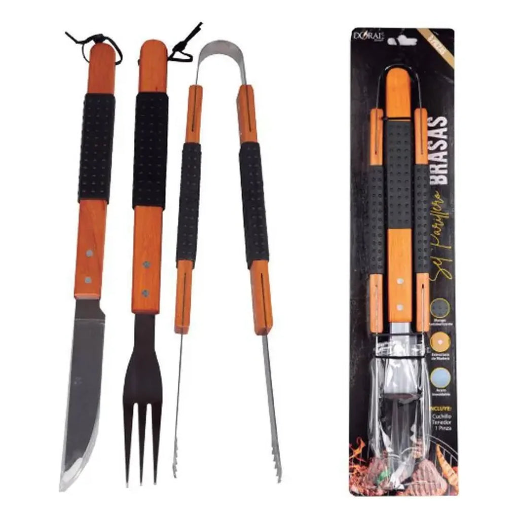 Set Parrillero Brasas Doral: cuchillo, tenedor y pinza con mango de madera
