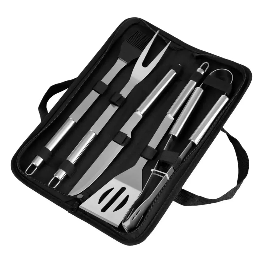 Set Parrillero con Maletín Onnas: espátula, pinza, cuchillo, tenedor y brocha en su estuche
