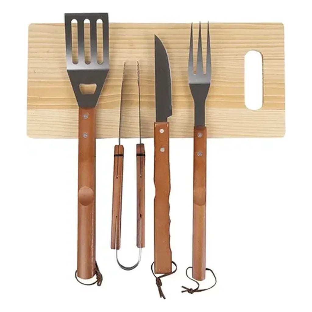 Set Parrillero con Tabla Onnas: tabla, espátula, pinza, cuchillo y tenedor