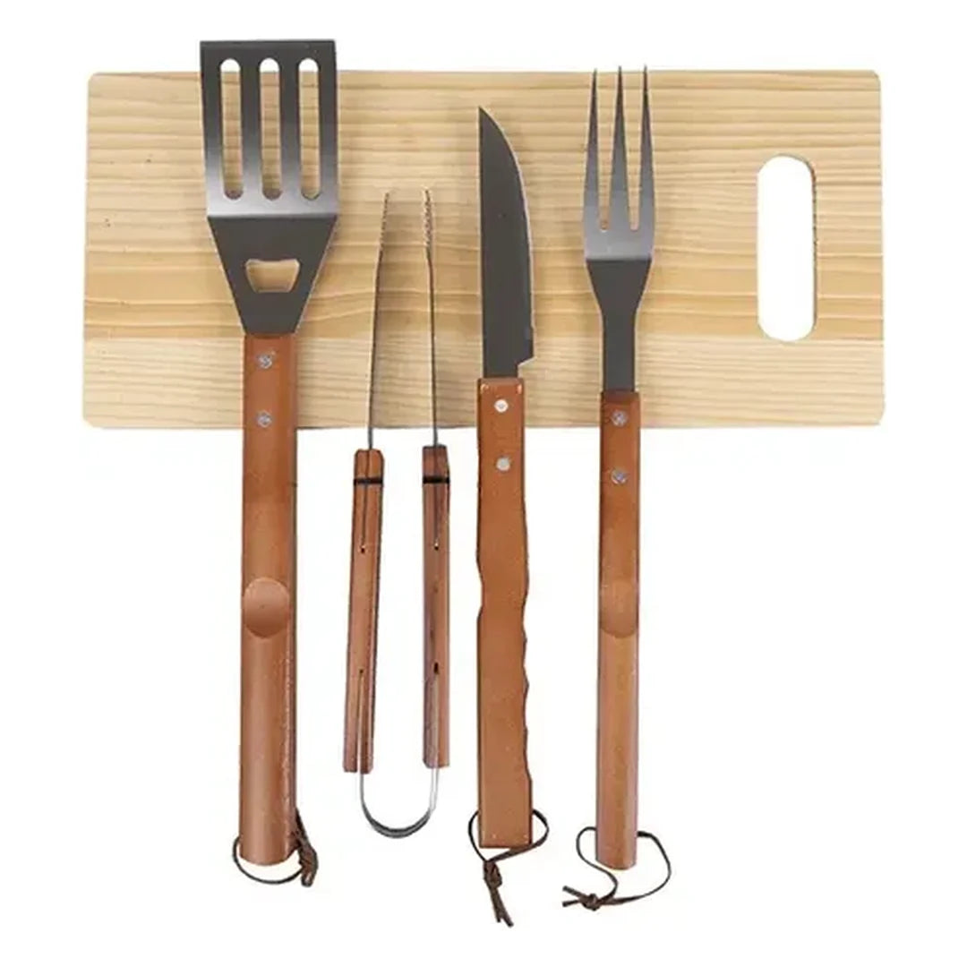 Set Parrillero con Tabla Onnas: tabla, espátula, pinza, cuchillo y tenedor